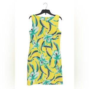 Dress Barn Women’s Size 10 Bright Yellow Floral Sheath Dress Sleeveless Zip Back